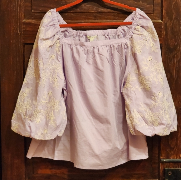 Eyelet Balloon Sleeve Top Shirt Blouse Lavender - Picture 4 of 9
